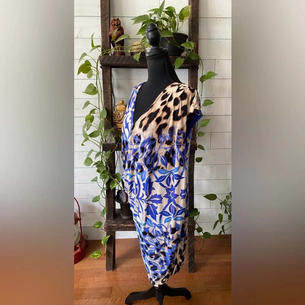 Nine West: Blue V Neck Mixed Animal and Floral Print Dress